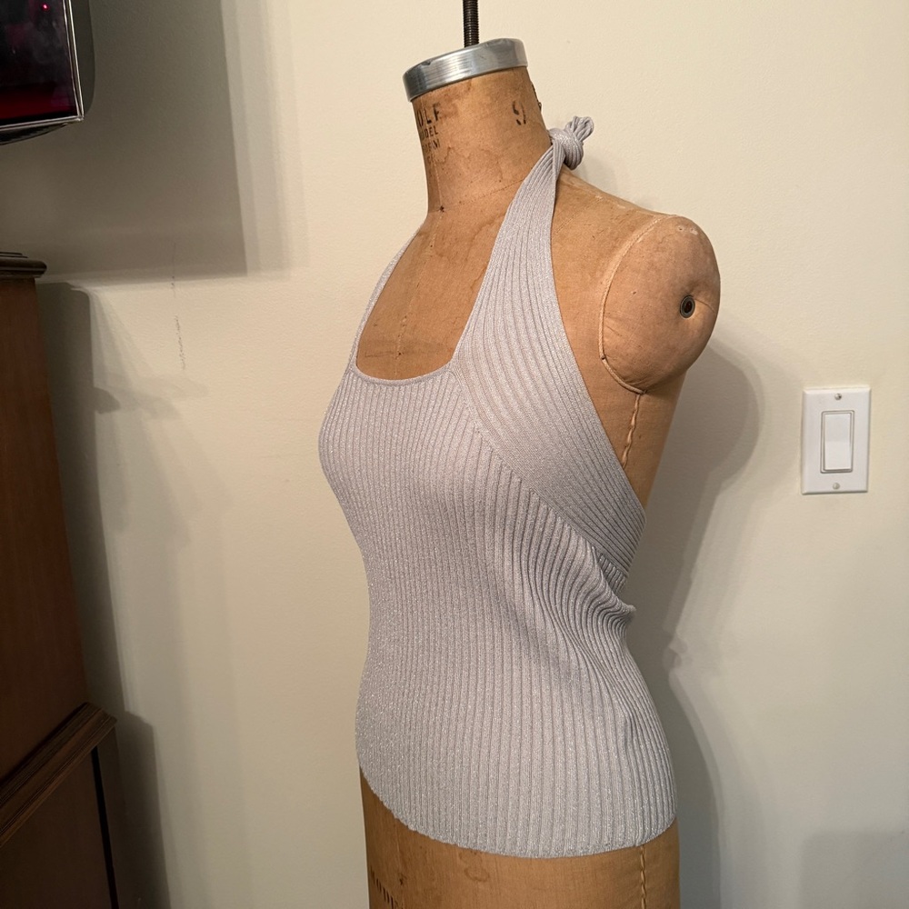 Scripted Gray Silver Sparkle Ribbed Halter Tank Top - Picture 4 of 8
